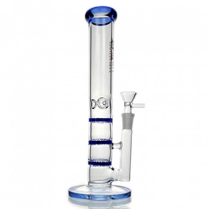 Triple Honeycomb Percolator Straight Tube Glass Bong 28cm Blue - Bong Empire
