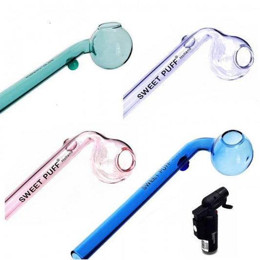 Sweet Puff Glass Pipe 4 Pack + Jet Lighter - Bong Empire