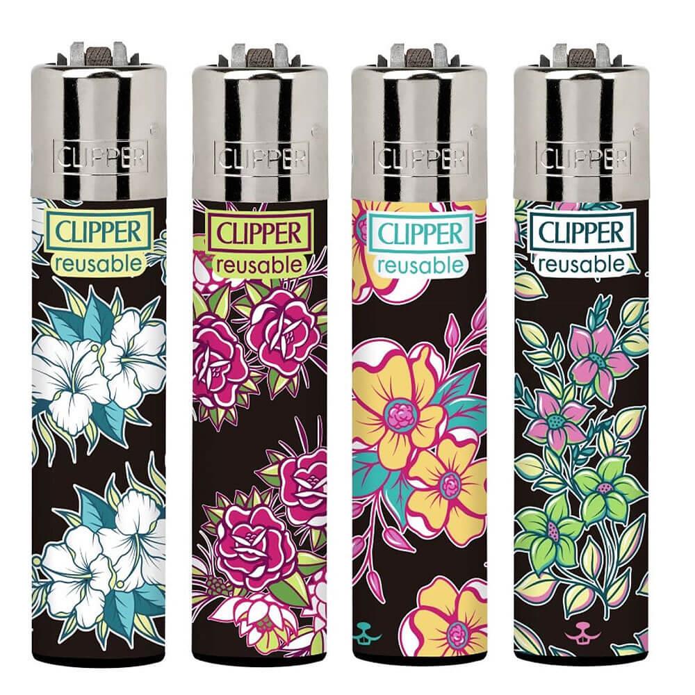 Clipper Large Flowers Refillable Lighters 4 Pack - Best Bongs And More