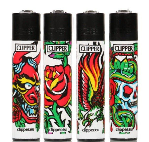 Clipper Large Hard Tattoo Refillable Lighters 4 Pack - Best Bongs And More