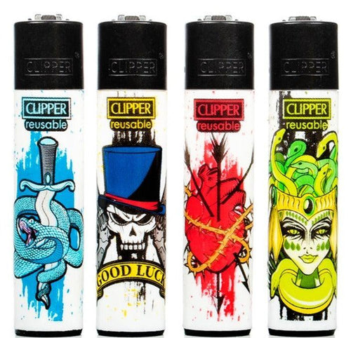 Clipper Large Tattoo Style Refillable Lighters 4 Pack - Best Bongs And More