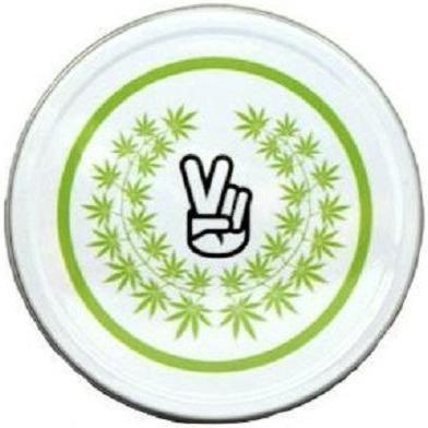 Large Metal Round Green Leaf Peace Finger Stash Storage Tin - Best Bongs And More
